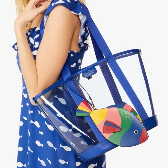 KATE SPADE What A Catch Top Handle Clear Novelty Tote with Fish Pouch Rare - Picture 2 of 9
